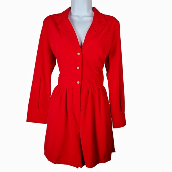 Red Long Sleeve Button Down Romper - Picture 1 of 8